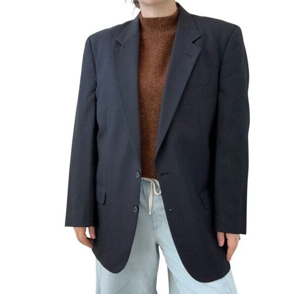 Vintage Unisex Burberry Blazer Navy Blue 100% Wool Sport Coat Sz 46R